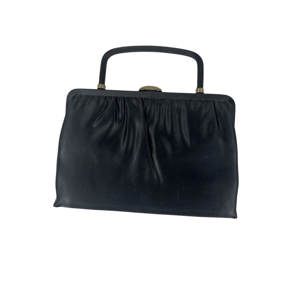 Classy Vintage Madane USA 1940s Clutch Black Satin bag, Gold hardware Pristine